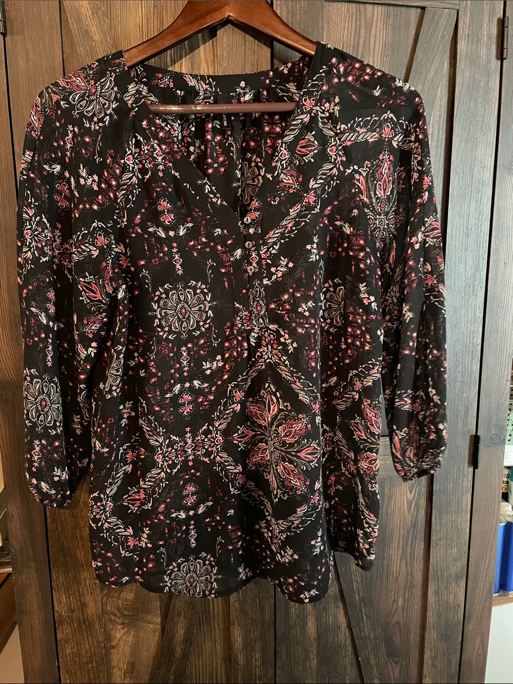 Maurices Black Floral V-Neck Tunic with Pink Accents